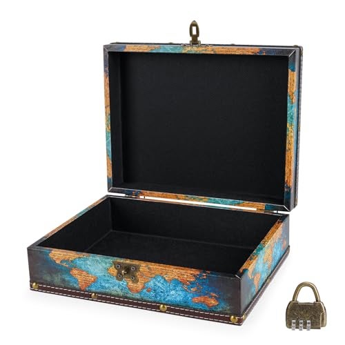 WANLIAN Wood and Leather Treasure Chest with Lid and Lock-Decorative Jewelry Keepsake Storage Box for Kids, Teenagers,for Birthday Wedding，Christmas Day (Map, Extra Large) - Image 3