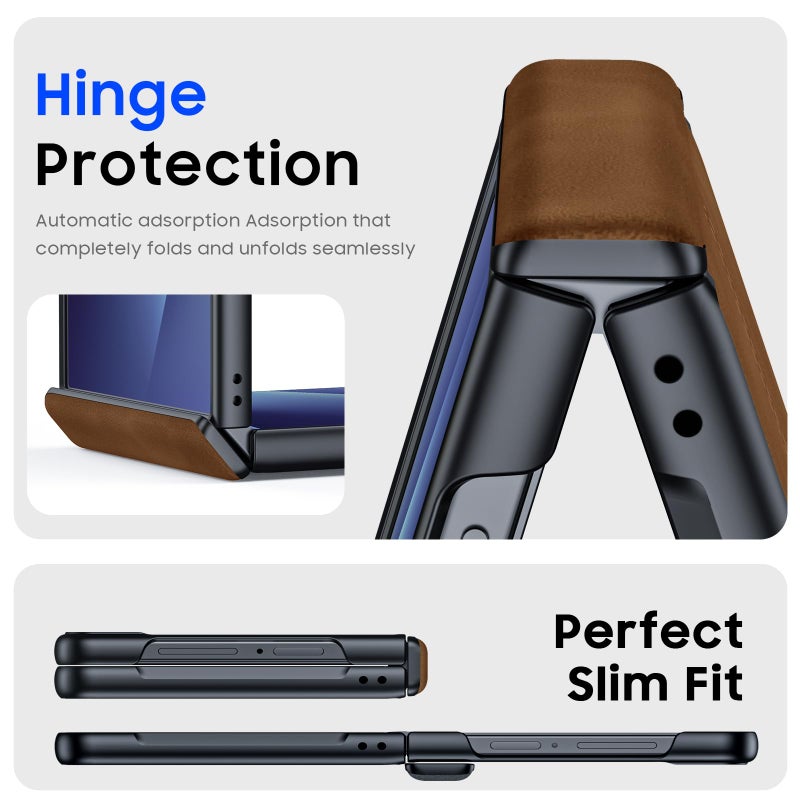 BSNRM for Samsung Galaxy Z Flip 7 Case with Hinge Protection & Built-in Screen Protector, Ultra Thin Stylish Leather Matte PC Durable Shockproof Cover Phone Case for Galaxy Z Flip 7-Brown - Image 3