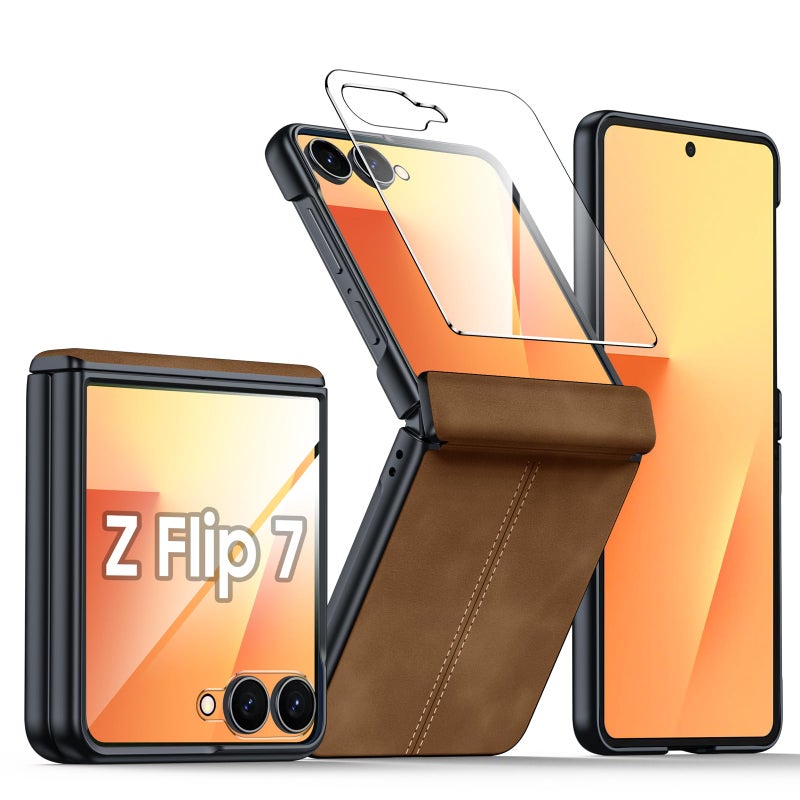 BSNRM for Samsung Galaxy Z Flip 7 Case with Hinge Protection & Built-in Screen Protector, Ultra Thin Stylish Leather Matte PC Durable Shockproof Cover Phone Case for Galaxy Z Flip 7-Brown - Image 1