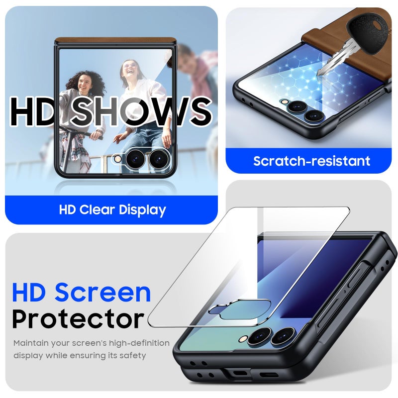 BSNRM for Samsung Galaxy Z Flip 7 Case with Hinge Protection & Built-in Screen Protector, Ultra Thin Stylish Leather Matte PC Durable Shockproof Cover Phone Case for Galaxy Z Flip 7-Brown - Image 4