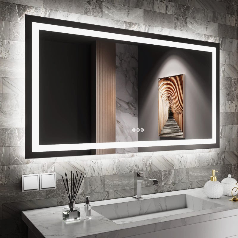 Amorho LED Bathroom Mirror 55 X30 Front Light and Backlit Vanity Mirror Dimmable Bathroom Mirrors for Wall AntiFog Memory 3 Colors Double LED Lights ShatterProof ETL Listed