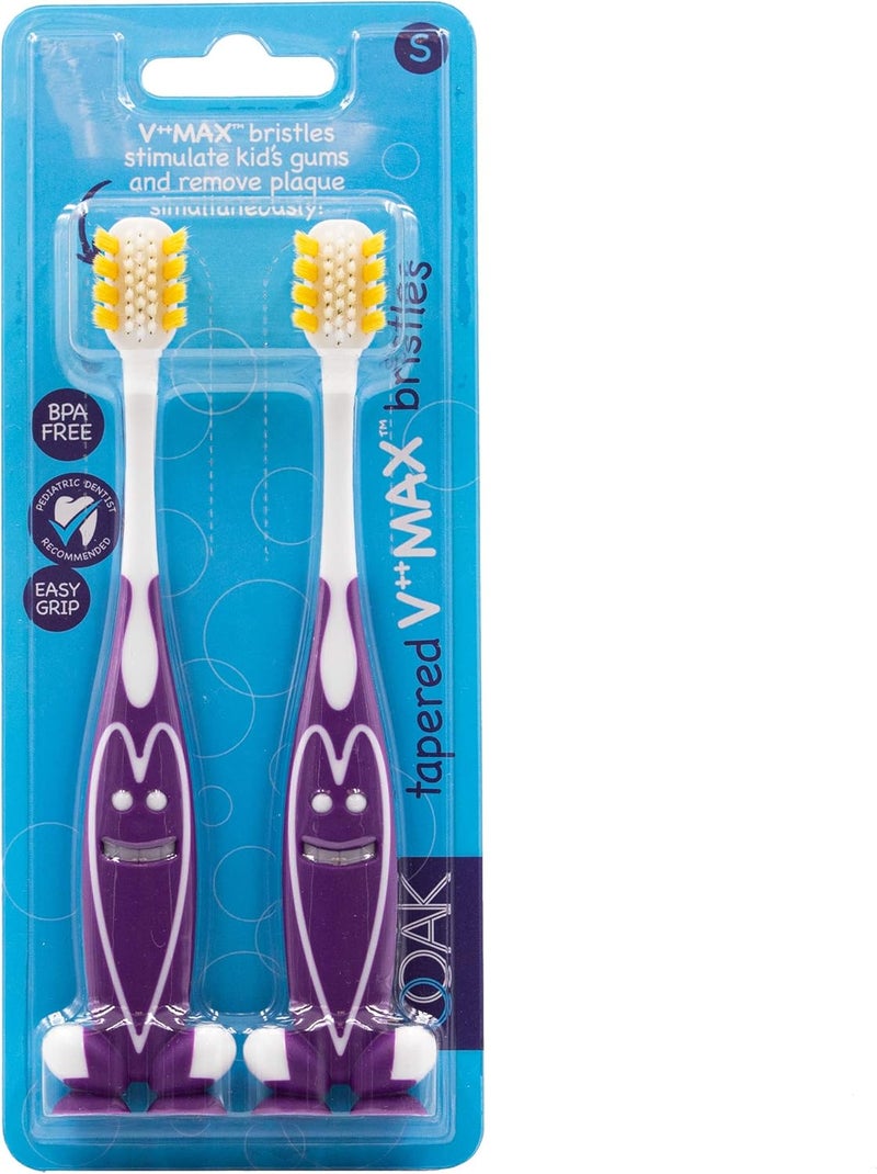 OOAK Kids Toothbrush, Tapered V++Max Bristles, Happy Face 2 Pack - Purple - Image 1