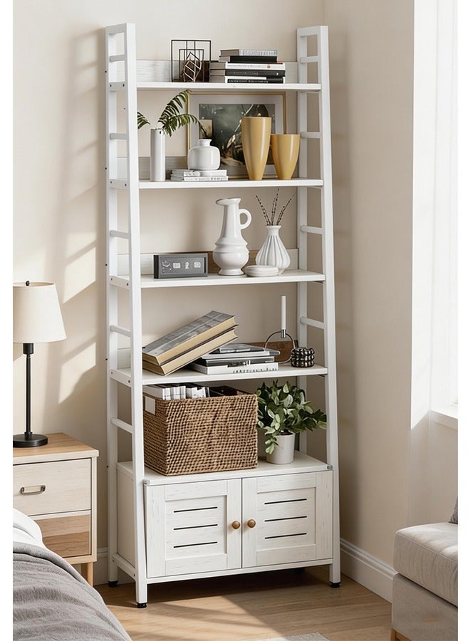 5 Tier Rustic Ladder Storage Shelf with Closed Louver Cabinet, Wood Metal Trapezoid Bookshelf with Raised Edge Guards, Heavy Duty Display Rack for Majlis, Laundry Room, Villa Bedroom & Home Office - Image 1