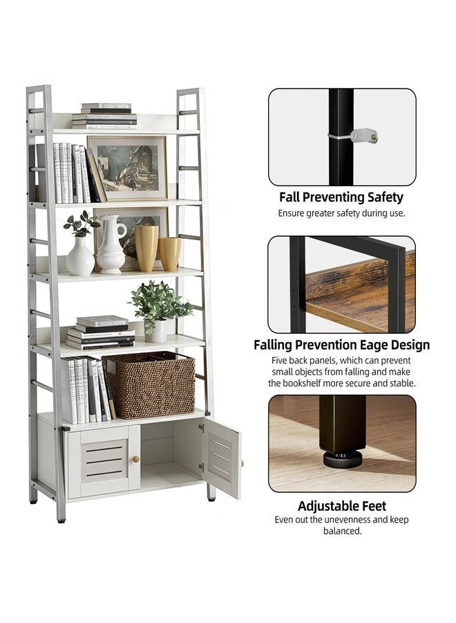 5 Tier Rustic Ladder Storage Shelf with Closed Louver Cabinet, Wood Metal Trapezoid Bookshelf with Raised Edge Guards, Heavy Duty Display Rack for Majlis, Laundry Room, Villa Bedroom & Home Office - Image 3