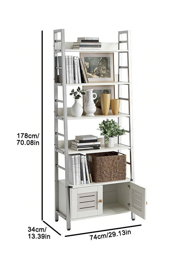 5 Tier Rustic Ladder Storage Shelf with Closed Louver Cabinet, Wood Metal Trapezoid Bookshelf with Raised Edge Guards, Heavy Duty Display Rack for Majlis, Laundry Room, Villa Bedroom & Home Office - Image 2