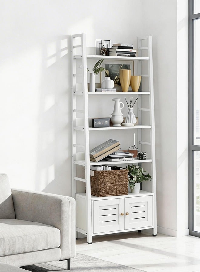 5 Tier Rustic Ladder Storage Shelf with Closed Louver Cabinet, Wood Metal Trapezoid Bookshelf with Raised Edge Guards, Heavy Duty Display Rack for Majlis, Laundry Room, Villa Bedroom & Home Office - Image 5