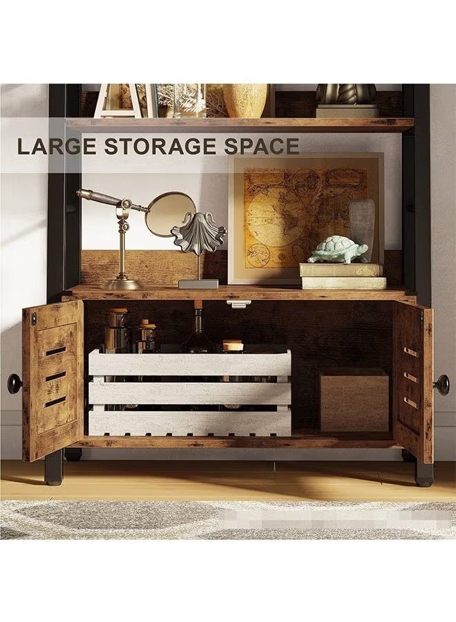 5 Tier Rustic Ladder Storage Shelf with Closed Louver Cabinet, Wood Metal Trapezoid Bookshelf with Raised Edge Guards, Heavy Duty Display Rack for Majlis, Laundry Room, Villa Bedroom & Home Office - Image 4