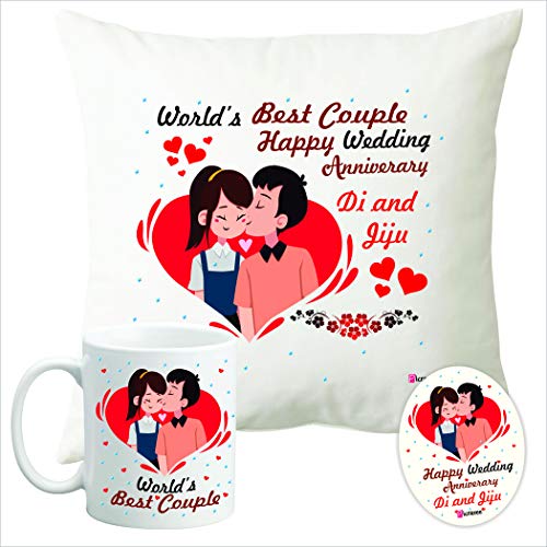 Picrazee "World’s Best Couple" Anniversary Gift for Didi Jijaji | Sister & Jiju | Di-Jiju (12” x 12” Cushion with Filler, Coffee Mug & Fridge Magnet)(Multicolour) - Image 1