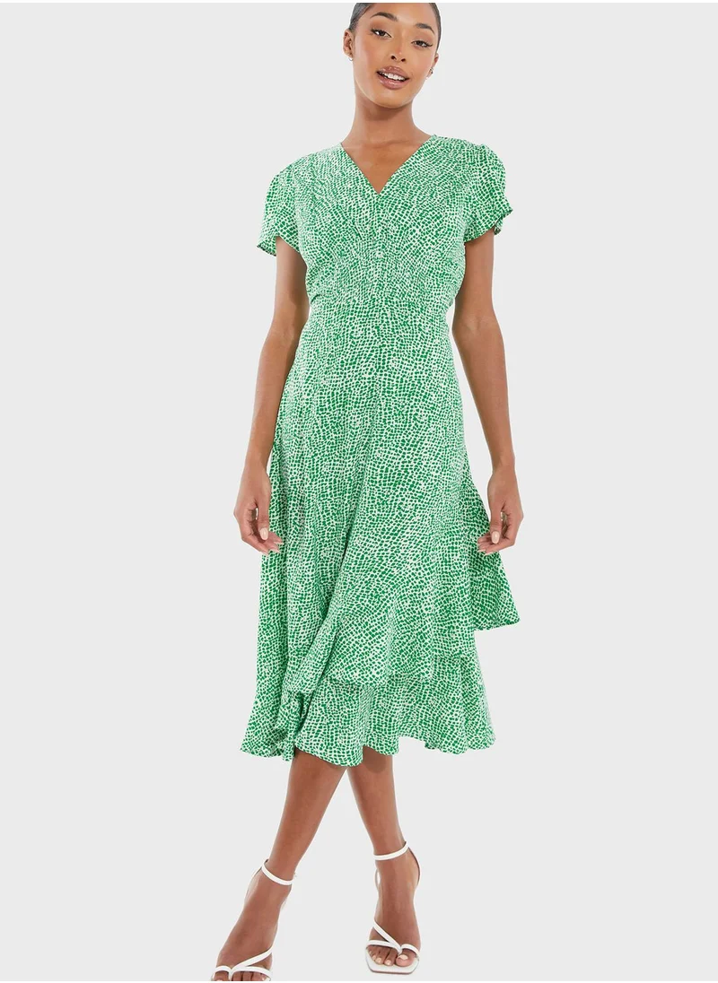 QUIZ Ruffle Sleeve Asymmetrical Hem Dress