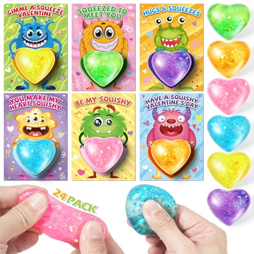 OCHIDO Kids Valentines Day Greeting Cards With Heart Shape Squeeze Toys24 Pack Kids Valentine Exchange Cards for Girls Boys School Class Exchange GiftsClassroom Prizes BulkValentine Party Favor - Image 1