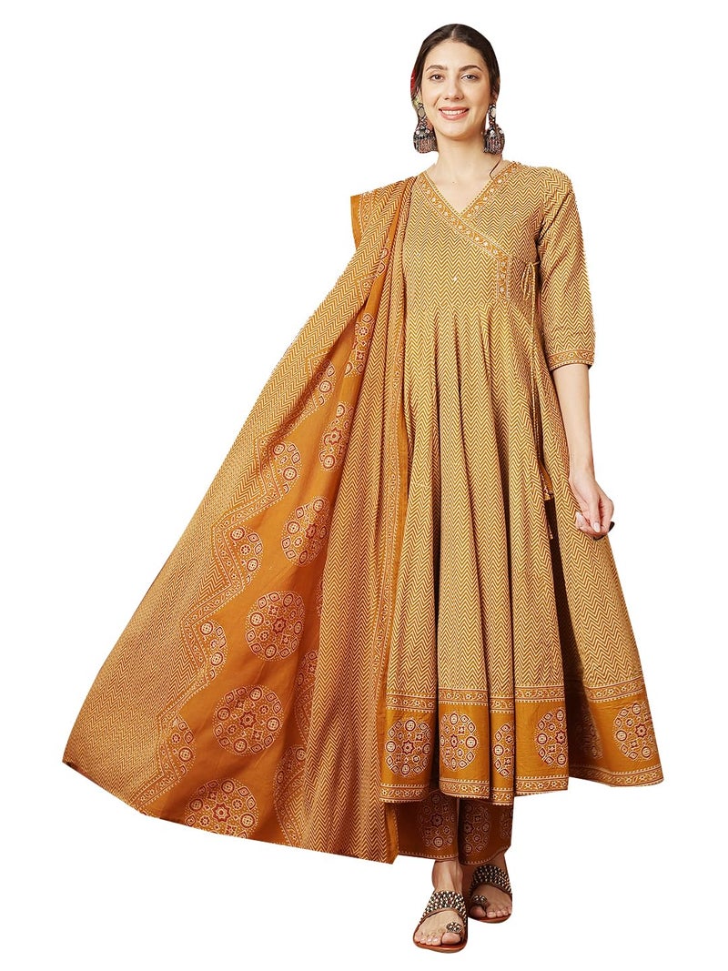 Kimayra Women's Cotton Calf Length Printed V-Neck Anarkali Kurta Suit Set(KIM9027PC3MUSTARD_XL, Mustard) - Image 1