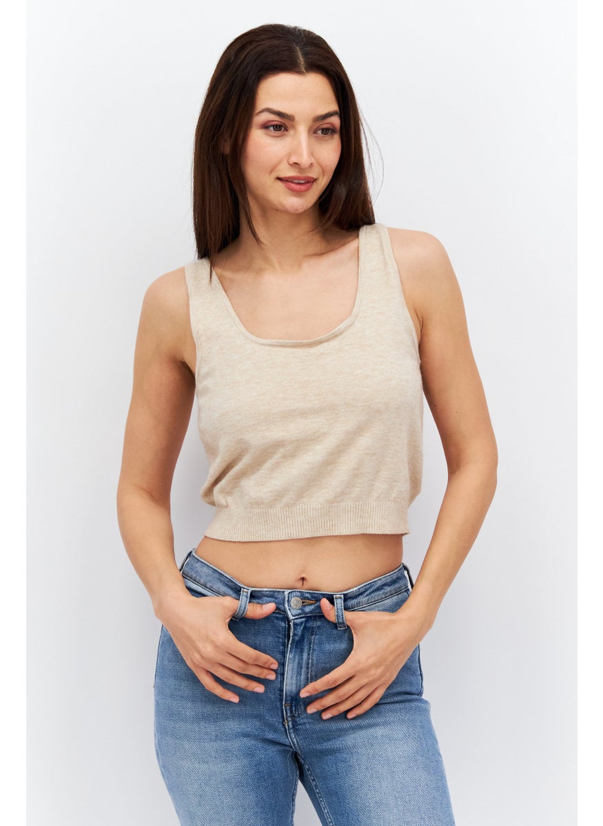 Etam Women U Neck Sleeveless Plain Top, Tan  - Image 1