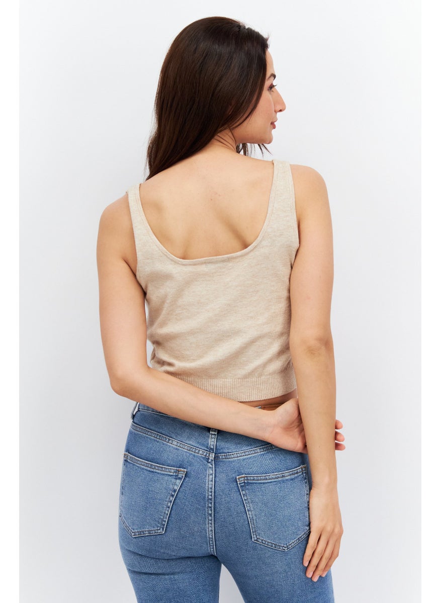 Etam Women U Neck Sleeveless Plain Top, Tan  - Image 4