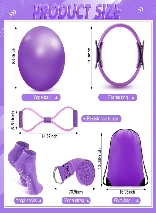 Poen 18 Pcs Pilates Ring Circle Set for Women Yoga Sets with Pilates Ring Circle Ball 5 Resistance Band Stretching Strap Non Slip Socks Ball Core Sliders Wristbands Headband Gym Bag(Purple) - Image 2