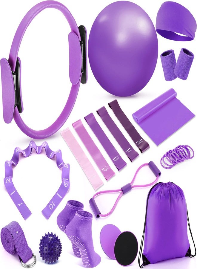 Poen 18 Pcs Pilates Ring Circle Set for Women Yoga Sets with Pilates Ring Circle Ball 5 Resistance Band Stretching Strap Non Slip Socks Ball Core Sliders Wristbands Headband Gym Bag(Purple) - Image 1