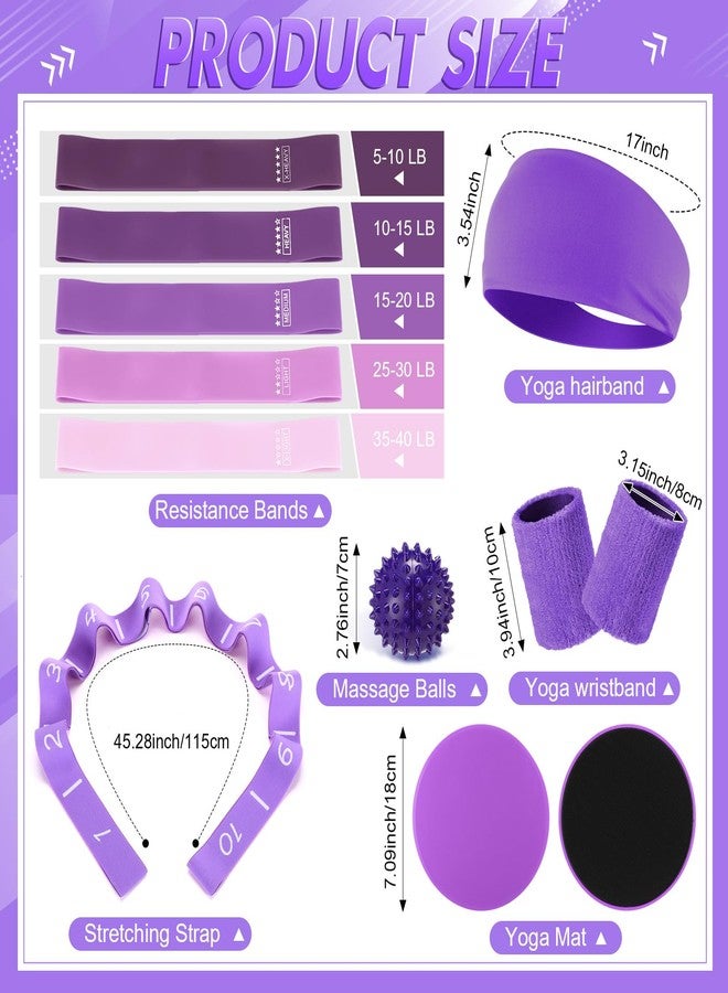 Poen 18 Pcs Pilates Ring Circle Set for Women Yoga Sets with Pilates Ring Circle Ball 5 Resistance Band Stretching Strap Non Slip Socks Ball Core Sliders Wristbands Headband Gym Bag(Purple) - Image 3