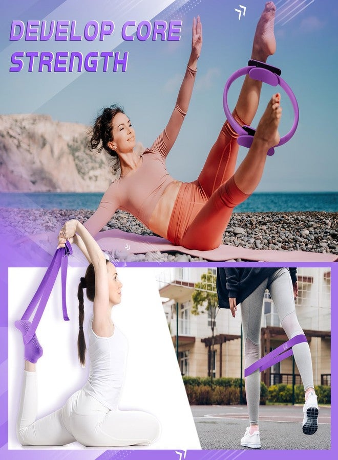 Poen 18 Pcs Pilates Ring Circle Set for Women Yoga Sets with Pilates Ring Circle Ball 5 Resistance Band Stretching Strap Non Slip Socks Ball Core Sliders Wristbands Headband Gym Bag(Purple) - Image 4