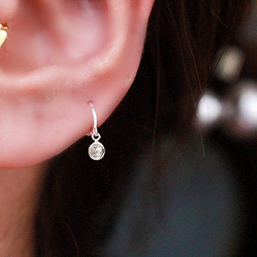 Dtja CZ Bezel Dangle Hoop Earrings for Women Girls 925 Sterling Silver Charms Minimalist Tiny Round Cubic Zirconia Drop Dangling Cartilage Helix Tragus Diamond Solicate Hypoallergenic Jewelry (Silver-Toned) - Image 2