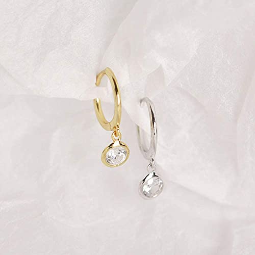 Dtja CZ Bezel Dangle Hoop Earrings for Women Girls 925 Sterling Silver Charms Minimalist Tiny Round Cubic Zirconia Drop Dangling Cartilage Helix Tragus Diamond Solicate Hypoallergenic Jewelry (Silver-Toned) - Image 5