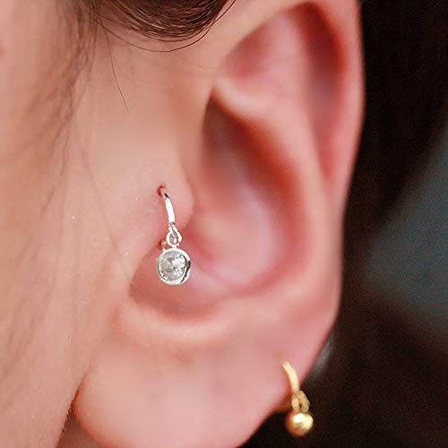 Dtja CZ Bezel Dangle Hoop Earrings for Women Girls 925 Sterling Silver Charms Minimalist Tiny Round Cubic Zirconia Drop Dangling Cartilage Helix Tragus Diamond Solicate Hypoallergenic Jewelry (Silver-Toned) - Image 3