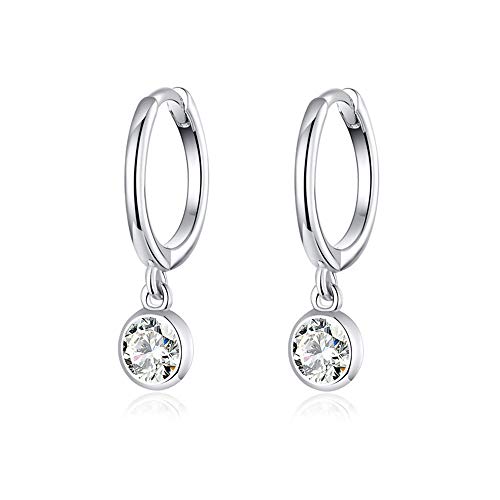 Dtja CZ Bezel Dangle Hoop Earrings for Women Girls 925 Sterling Silver Charms Minimalist Tiny Round Cubic Zirconia Drop Dangling Cartilage Helix Tragus Diamond Solicate Hypoallergenic Jewelry (Silver-Toned) - Image 1