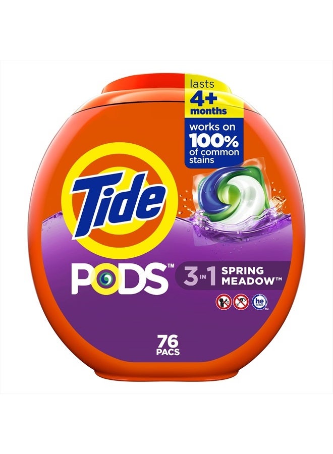 Tide PODS Liquid Laundry Detergent Soap Pacs, Powerful 3-in-1 Clean in One Step, He Compatible, Spring Meadow Scent, 76 Count - Image 1