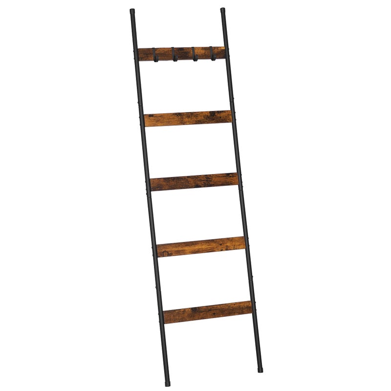 ELYKEN Blanket Ladder for Living Room, Farmhouse 5 -Tier Quilt Holder with 4 Removable Hooks for Bathroom, Wood Towel Rack Display, Wall Anchor Leaning Decorative Stand for Home Decor, Rustic Brown - Image 1