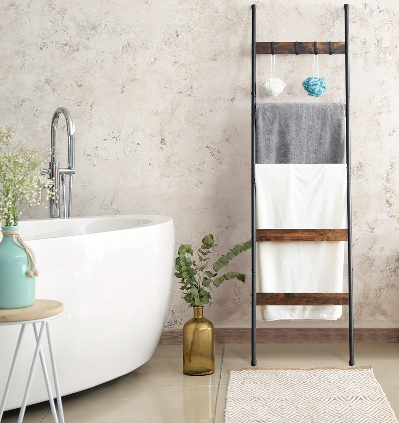 ELYKEN Blanket Ladder for Living Room, Farmhouse 5 -Tier Quilt Holder with 4 Removable Hooks for Bathroom, Wood Towel Rack Display, Wall Anchor Leaning Decorative Stand for Home Decor, Rustic Brown - Image 5