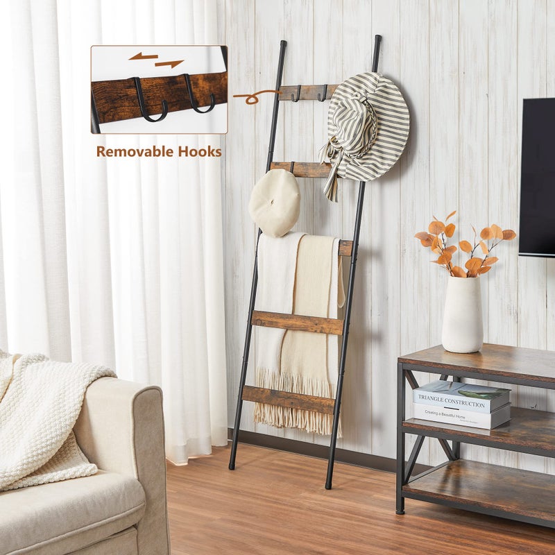 ELYKEN Blanket Ladder for Living Room, Farmhouse 5 -Tier Quilt Holder with 4 Removable Hooks for Bathroom, Wood Towel Rack Display, Wall Anchor Leaning Decorative Stand for Home Decor, Rustic Brown - Image 2