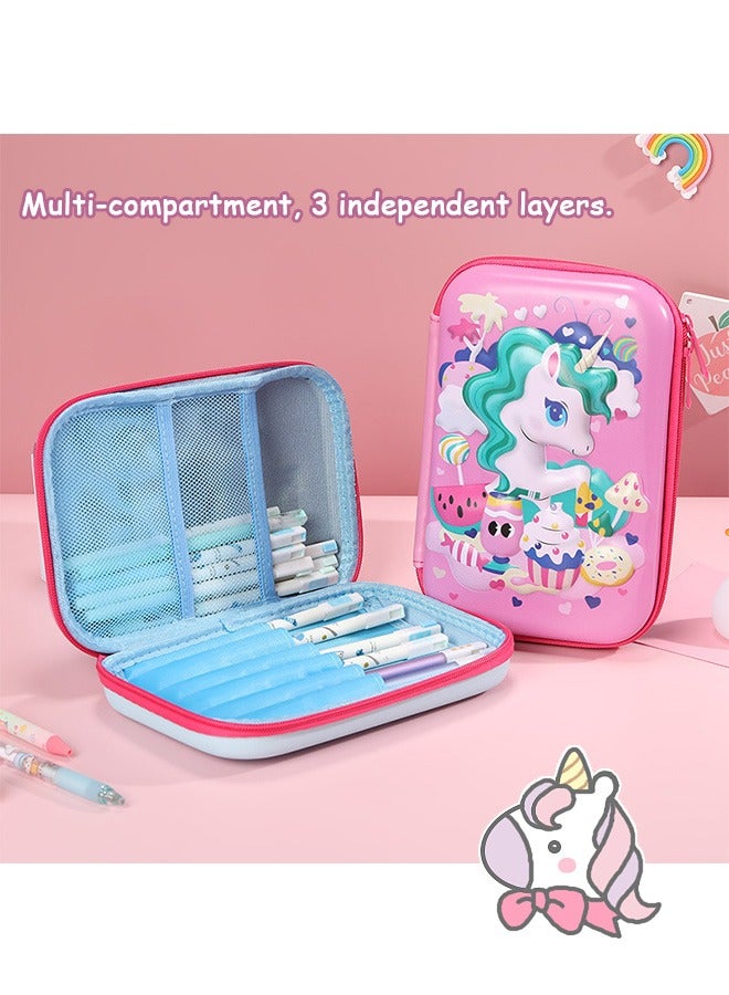 3D Cartoon Unicorn Pencil Case, Lovely Large Capacity Compartments Pen Holder Marker Bag with Double Zipper, Portable EVA Hard Pencil Case Pen Bag (Pink) - Image 3