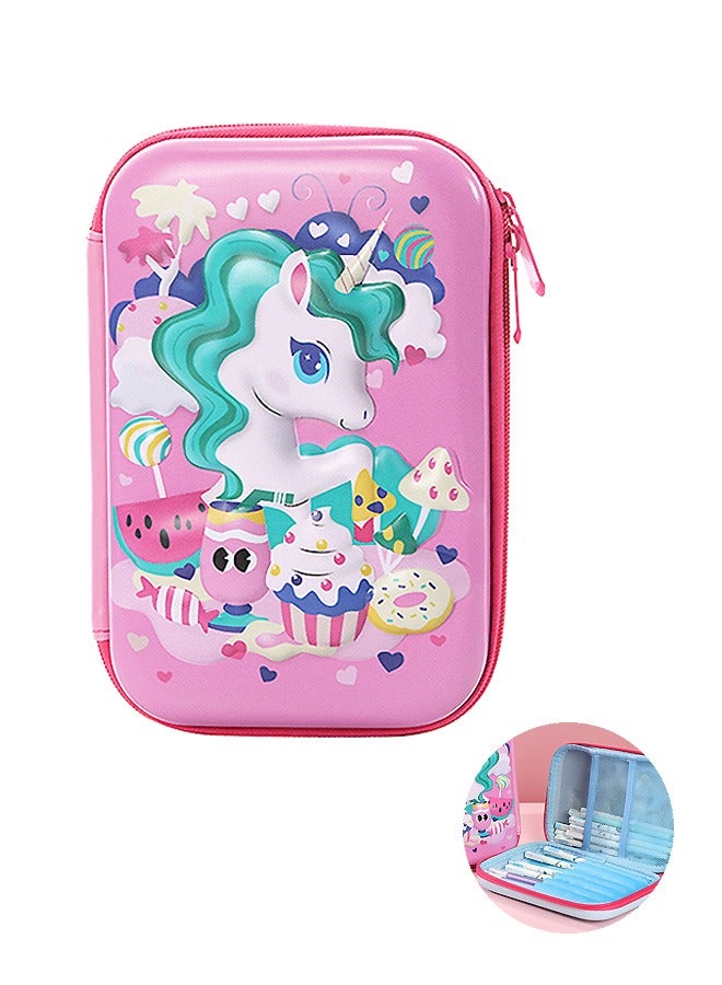 3D Cartoon Unicorn Pencil Case, Lovely Large Capacity Compartments Pen Holder Marker Bag with Double Zipper, Portable EVA Hard Pencil Case Pen Bag (Pink) - Image 1