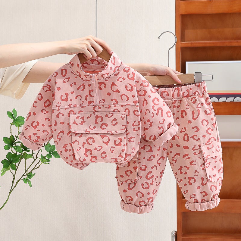 Baby spring 2023 new boys and girls foreign-style two-piece set of childrens leopard print collar set a generation of hair Pink 