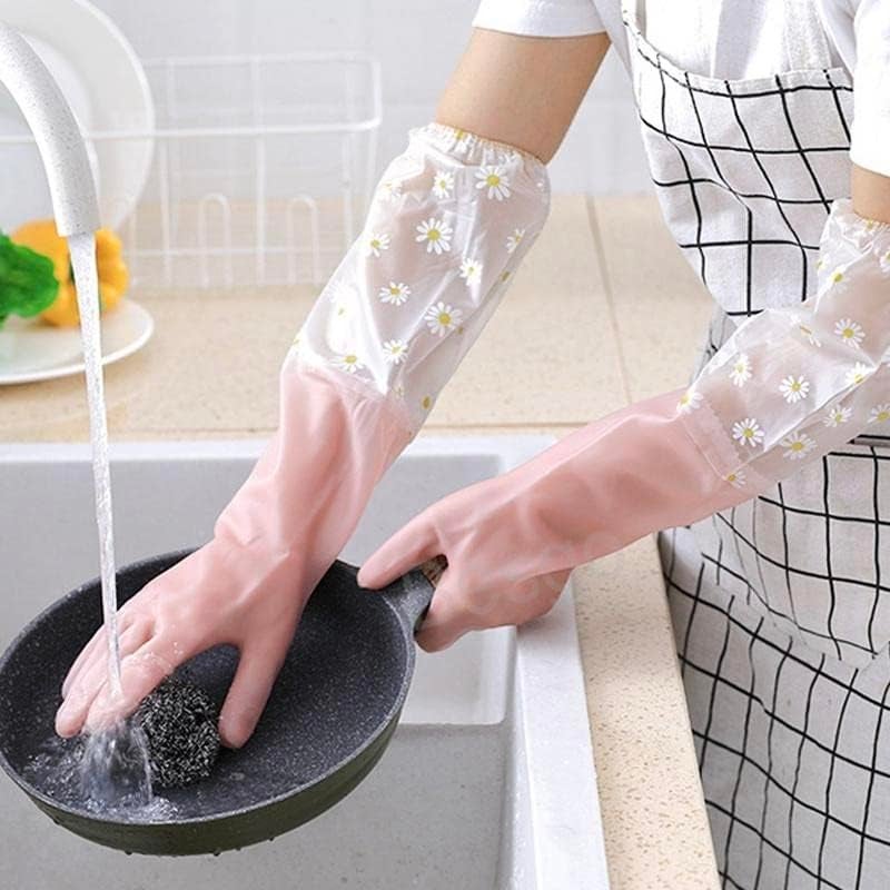 Parssufy polyvinyl chloride Reusable Heavy Duty Hand Gloves For Dishwashing, Gardening, Kitchen Cleaning Non-Slippery & Durable Long Elbow Length 1 Pair (Light pink) - Image 1