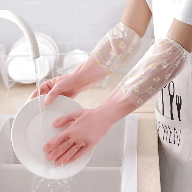 Parssufy polyvinyl chloride Reusable Heavy Duty Hand Gloves For Dishwashing, Gardening, Kitchen Cleaning Non-Slippery & Durable Long Elbow Length 1 Pair (Light pink) - Image 2