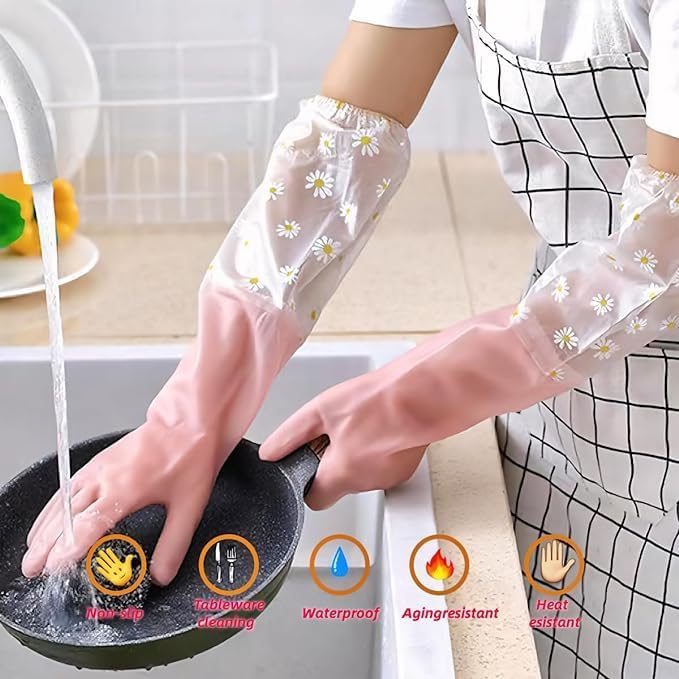Parssufy polyvinyl chloride Reusable Heavy Duty Hand Gloves For Dishwashing, Gardening, Kitchen Cleaning Non-Slippery & Durable Long Elbow Length 1 Pair (Light pink) - Image 5
