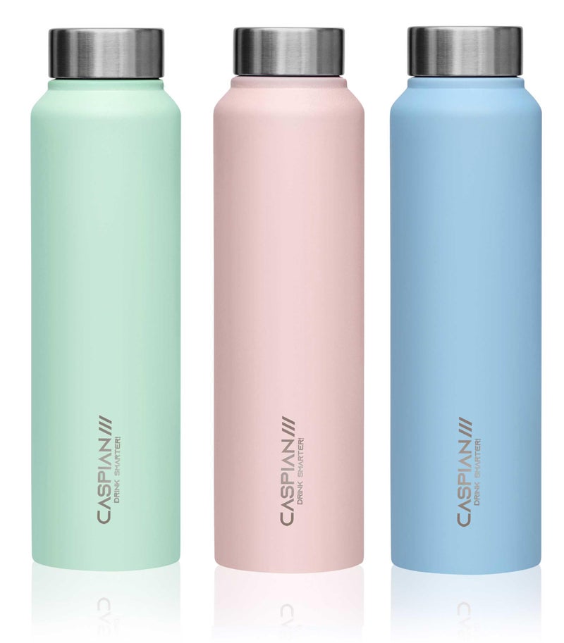 CASPIAN /// Astra Stainless Steel Water Bottle (Mist Green, Light Pink & Sky Blue, 1 Litre, Set of 3)| Leak Proof Thunder for Fridge Home Office Travel School Kids Boys Girls Adults Sports Gym Yoga - Image 1