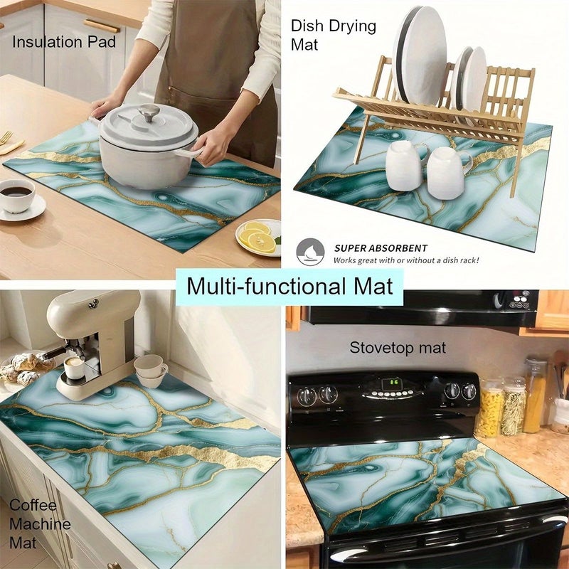 1pc Jade Skin Golden Veins Printed Dish Rack Drying Mat 11 81inch by 15 75inch Bar Counter Absorbent Mat Tabletop Protective Heat Insulation Pad Kitchen Dining Table Countertop Restaurant Decorative Item Suitable For Coffee Machine Mat Washing Machine Mat - Image 2