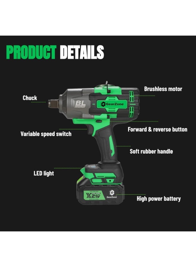 GearZone سائق تأثير عالي العزم 2000Nm، مفتاح تأثير لاسلكي 1/2 بوصة مع بطاريتين 4.0Ah، شاحن سريع، 5 مقابس وصندوق تخزين، مناسب للسيارة، الشاحنة، الأثاث، إلخ - Image 2