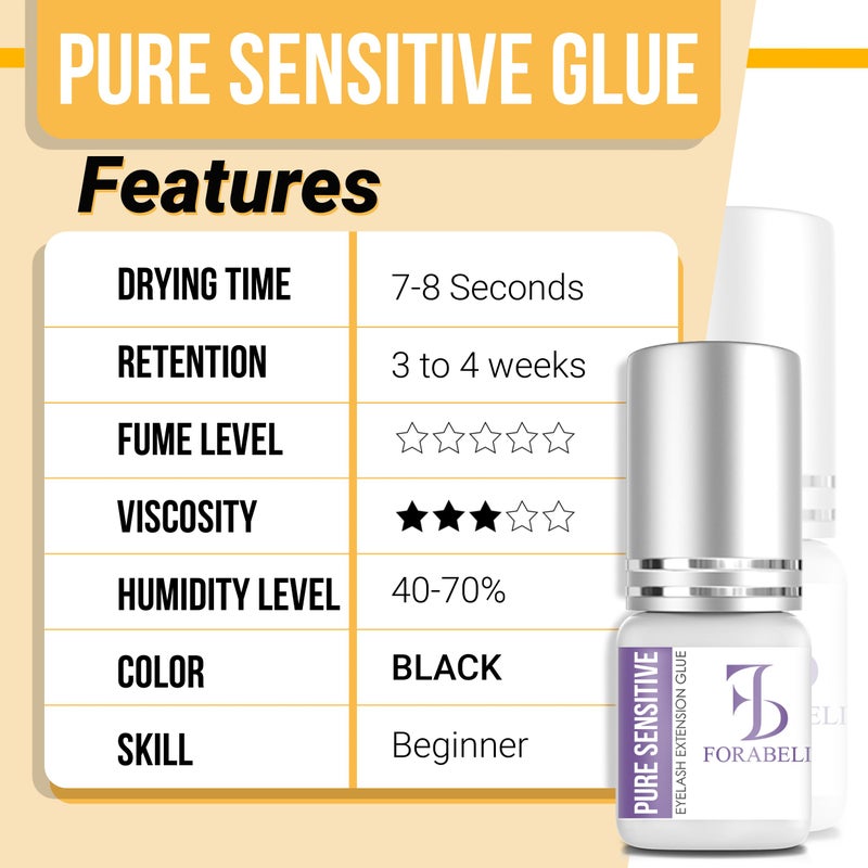 Forabeli Pure Sensitive Eyelash Extension Glue - Forabeli 5ml / 7-8 Sec Drying time/Retention 3-4 Weeks/Black Adhesive for Semi-Permanent Extensions/No Fume/No Irritation/Professional Lash Supplies - Image 4
