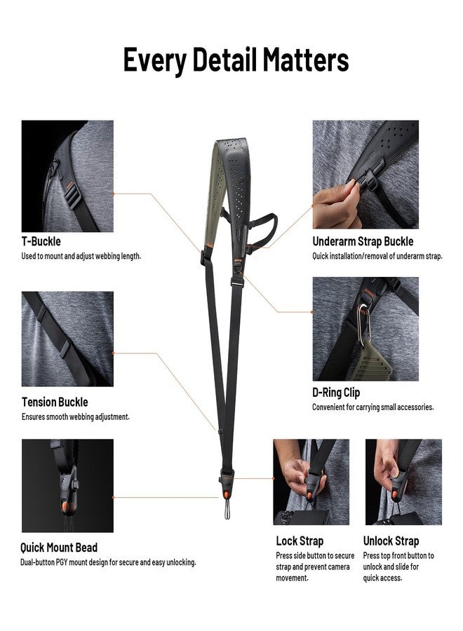 PGYTECH Camera Strap Pro, Professional Camera Harness with Detachable Underarm Strap QR Camera Shoulder Straps, Leather Ergonomic Shoulder Pad Neck Strap for DSLR/Mirrorless Cameras, Black - Image 2