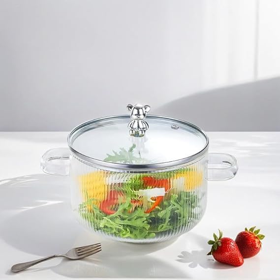 BLISS START وعاء طهي زجاجي BLISS START مع غطاء وعاء غلي Heat Resistant Borosilicate وعاء صلصة زجاجي مع مقبض مجموعة أواني الطهي للمعكرونة والنودلز والحساء شفاف عبوة من 1 - Image 2