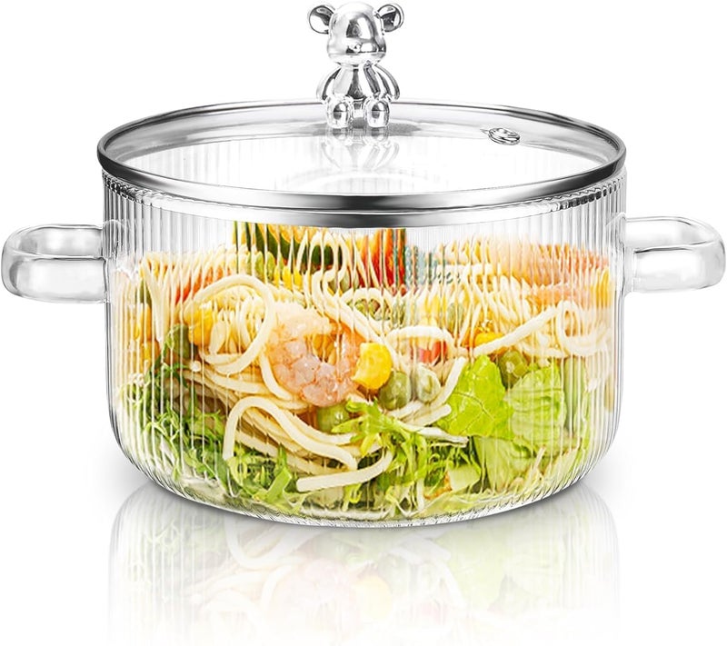 BLISS START وعاء طهي زجاجي BLISS START مع غطاء وعاء غلي Heat Resistant Borosilicate وعاء صلصة زجاجي مع مقبض مجموعة أواني الطهي للمعكرونة والنودلز والحساء شفاف عبوة من 1 - Image 1