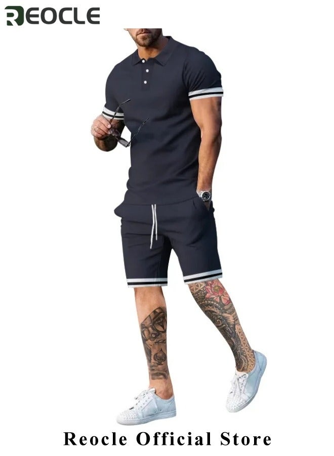 REOCLE Men's Polo Shirt and Shorts Set Summer Outfits Casual Button Down Short Sleeve Suit Shorts Tracksuit 2 Piece - Image 2