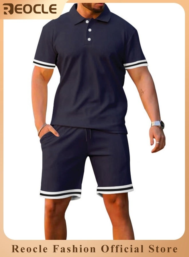 REOCLE Men's Polo Shirt and Shorts Set Summer Outfits Casual Button Down Short Sleeve Suit Shorts Tracksuit 2 Piece - Image 1