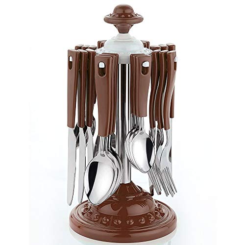 Primelife Super Cutlery Set for Dining Table with Stand-24 Piece Stainless Steel with Plastic Cutlery Set- 6 Table Spoons, 6 Tea Spoons, 6 Forks, 6 Dessert Spoons - Brown (Super Set) - Image 1