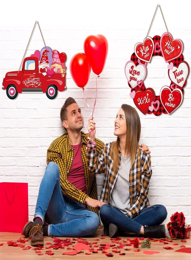 جلينمال قطعتان من لافتات عيد الحب السعيد، إكليل على شكل قلب، لافتة خشبية معلقة على الباب، قزم شاحنة، ديكور حائط لعيد الحب للمنزل وحفلات الزفاف والذكرى السنوية، بنمطين - Image 4