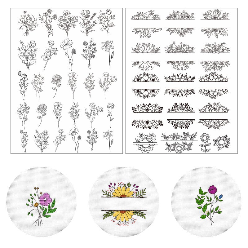 Rngmsi Water Soluble Embroidery Patterns - 2 Sheets Flower Design Stick and Stitch Papers Wash Away 44 Pcs Floral Plant Embroidery Transfer Patterns Stabilizers for Hand Sewing - Image 1