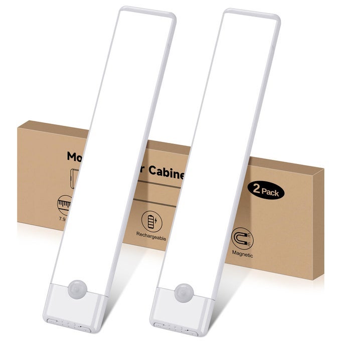 MOTION SENSOR UNDER CABINET LIGHTS MAGNETIC RECHARGEABLE UNDER COUNTER CLOSET LIGHT WIRELESS NIGHT LIGHT BAR STICKON 2PACK COOL WHITE