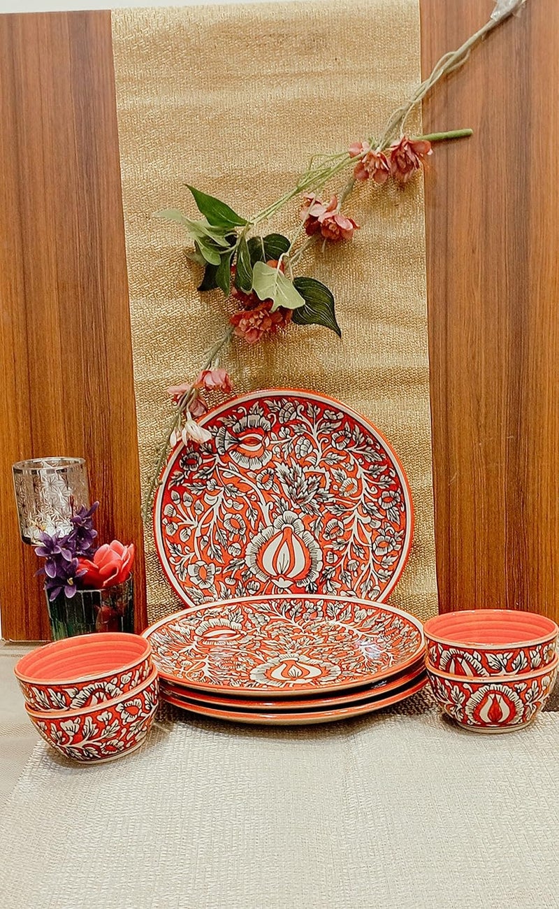 Caffeine Ceramic Stoneware Handmade Red Mughal Combo Dinner Set of 8 pcs Hand Painted Ceramic Plates with katori Bowls for Dinner (Microwave & Dishwasher Safe) - Image 1