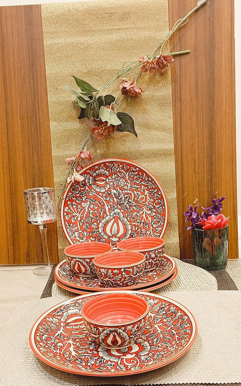 Caffeine Ceramic Stoneware Handmade Red Mughal Combo Dinner Set of 8 pcs Hand Painted Ceramic Plates with katori Bowls for Dinner (Microwave & Dishwasher Safe) - Image 2